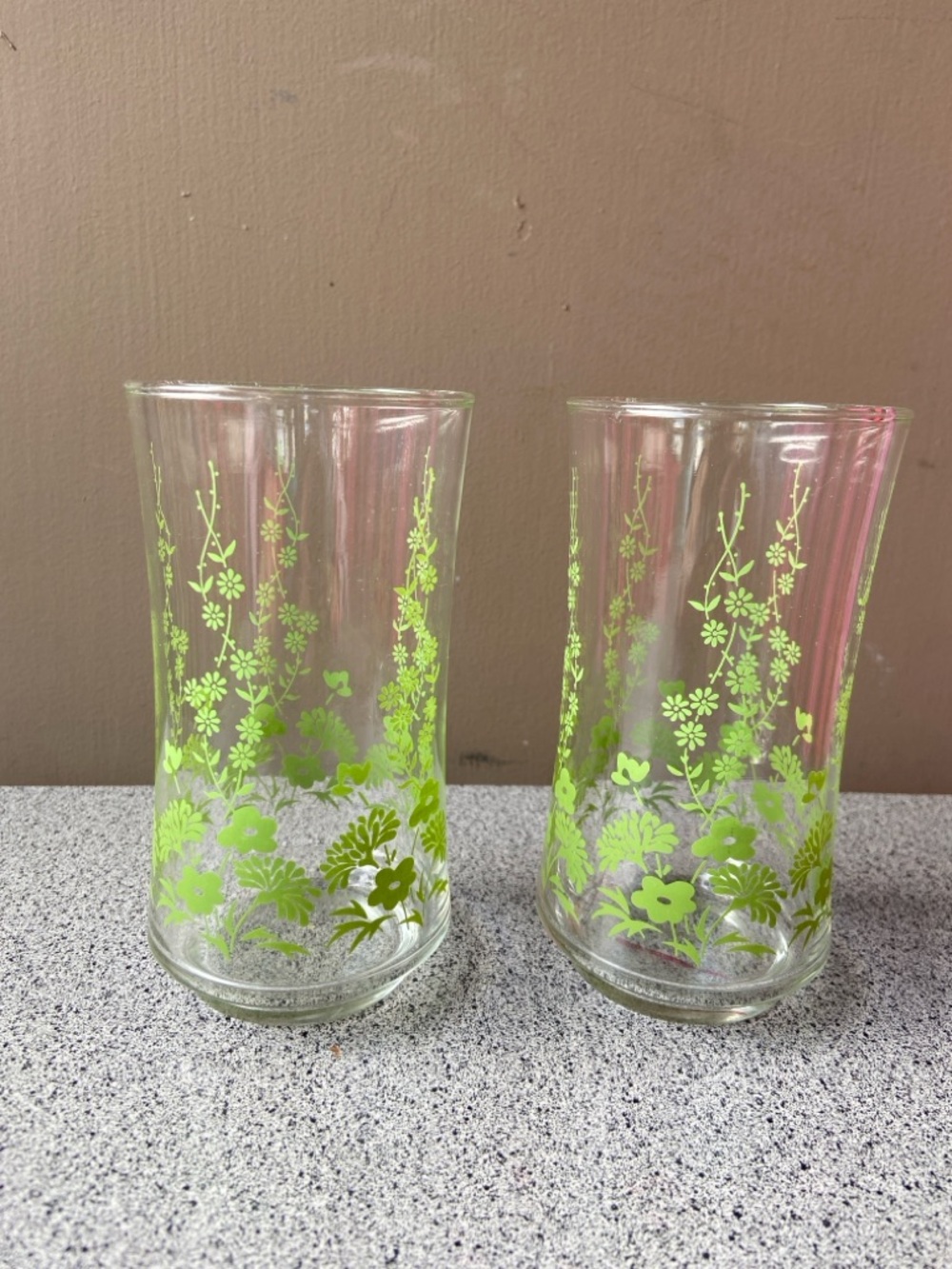 Vintage Libbey Drinking glasses, green floral, Set Of 2